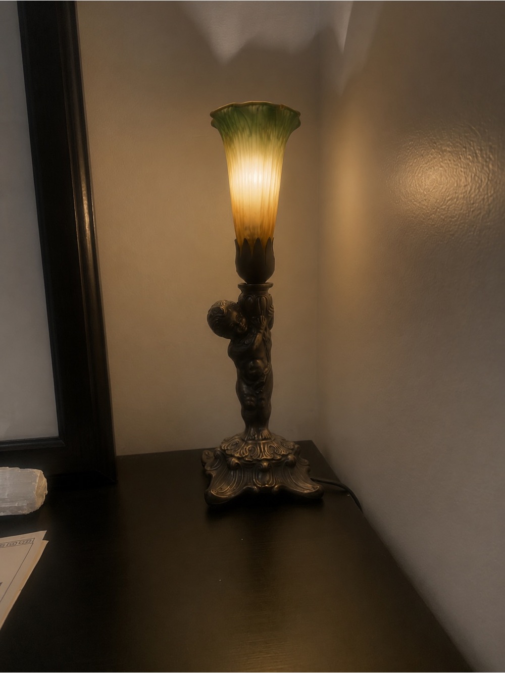 Antique Bronze Cherub Lamp with Tulip Green Top Glass Shade Tiffany Style